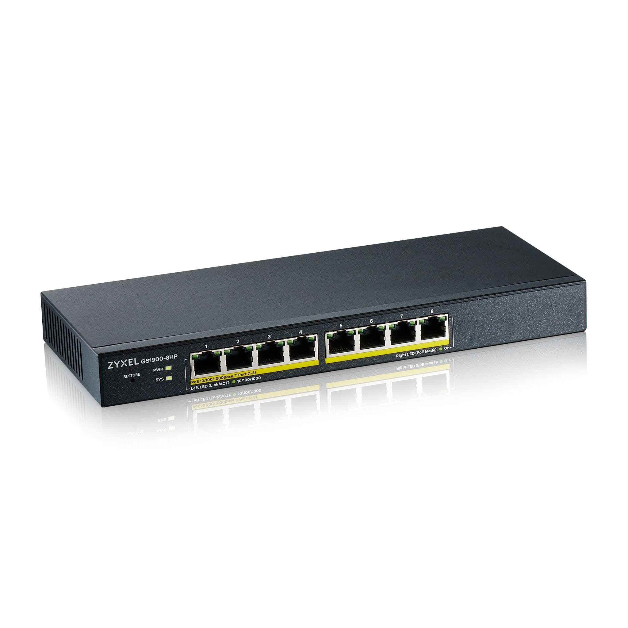 ZyXEL GS1900-8HP, 8-port GbE L2 PoE Smart Switch, 802.3at, desktop, fanless, 70 Watt