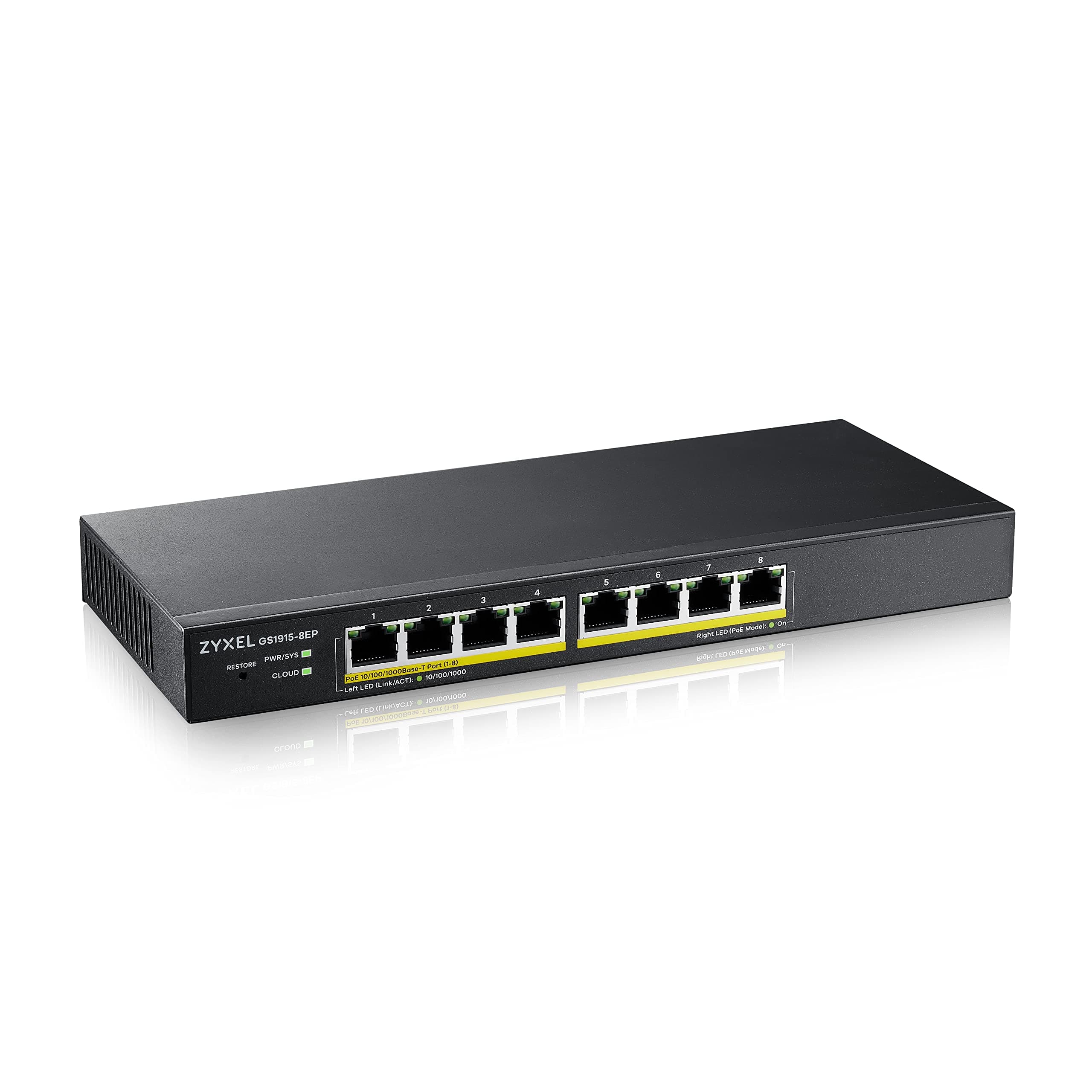 ZyXEL GS1915-8EP, 8-port GbE PoE Smart hybrid mode Switch, standalone or NebulaFlex Cloud, 60 Watt 802.3at, desktop, fanless