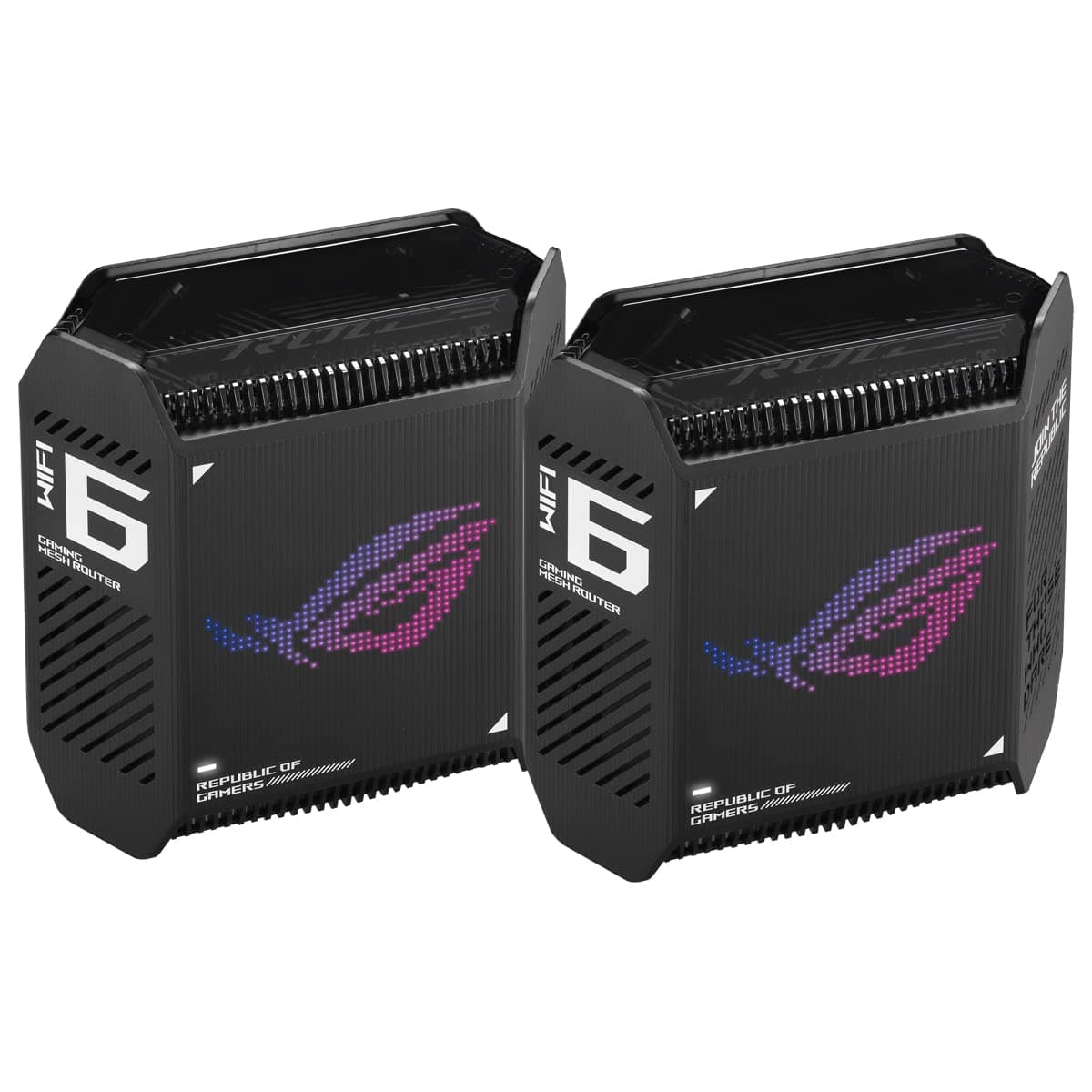 Asus Gaming Mesh WiFi система, ROG Rapture GT6 2PK, AX10000, Tri-Band, до 540m2, Tri-Core 1.7GHz CPU, 256MB/512MB Flash/RAM, 2.5G порт, AiProtection Pro, Adaptive QoS, VPN сървър/клиент, IPTV, OFDMA, MU-MIMO, Beamforming, Link Агрегация, AiMesh, черен