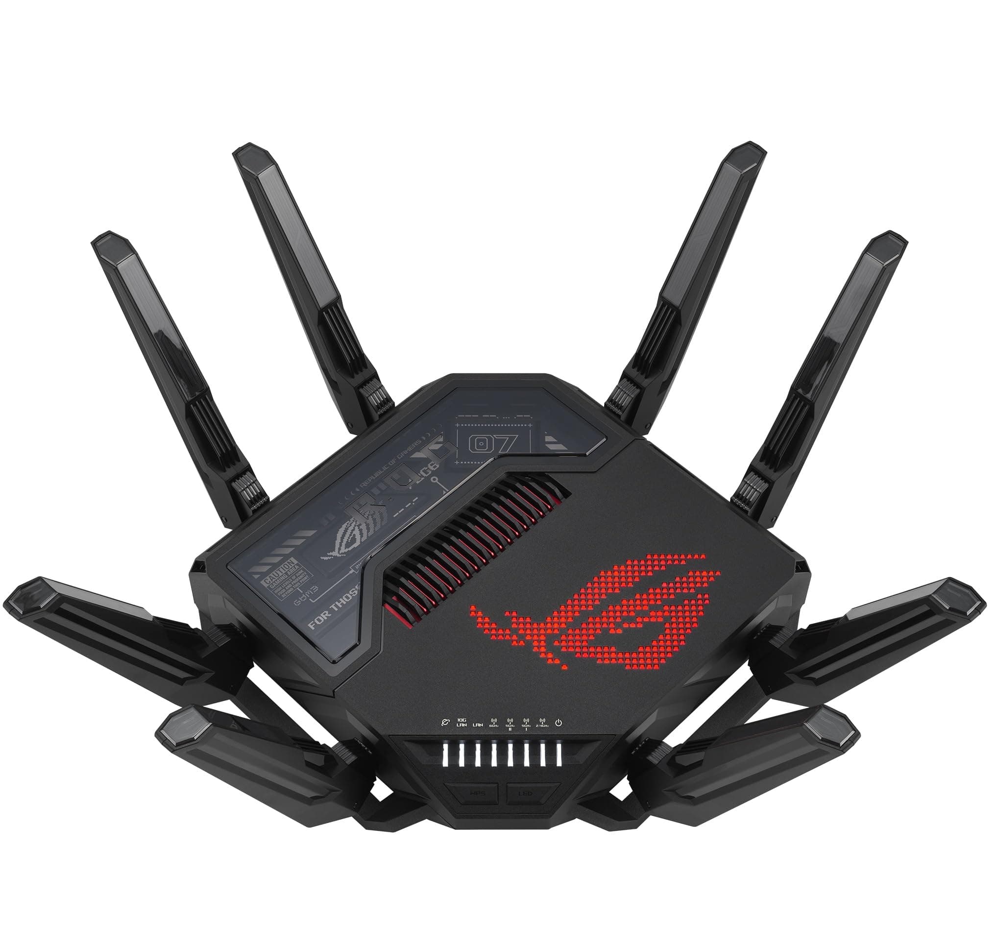 Asus Gaming Wireless Router, ROG Rapture GT-BE98, BE25000, Quad-Band, Quad-Core 2.6GHz CPU, 256MB/2GB Flash/RAM, 10G dual-port, 2.5G quad-port, AiProtection Pro, RangeBoost Plus, AiRadar TX, отворен NAT, VPN Fusion, множество SSID, IPTV, RGB, AiMesh, черн