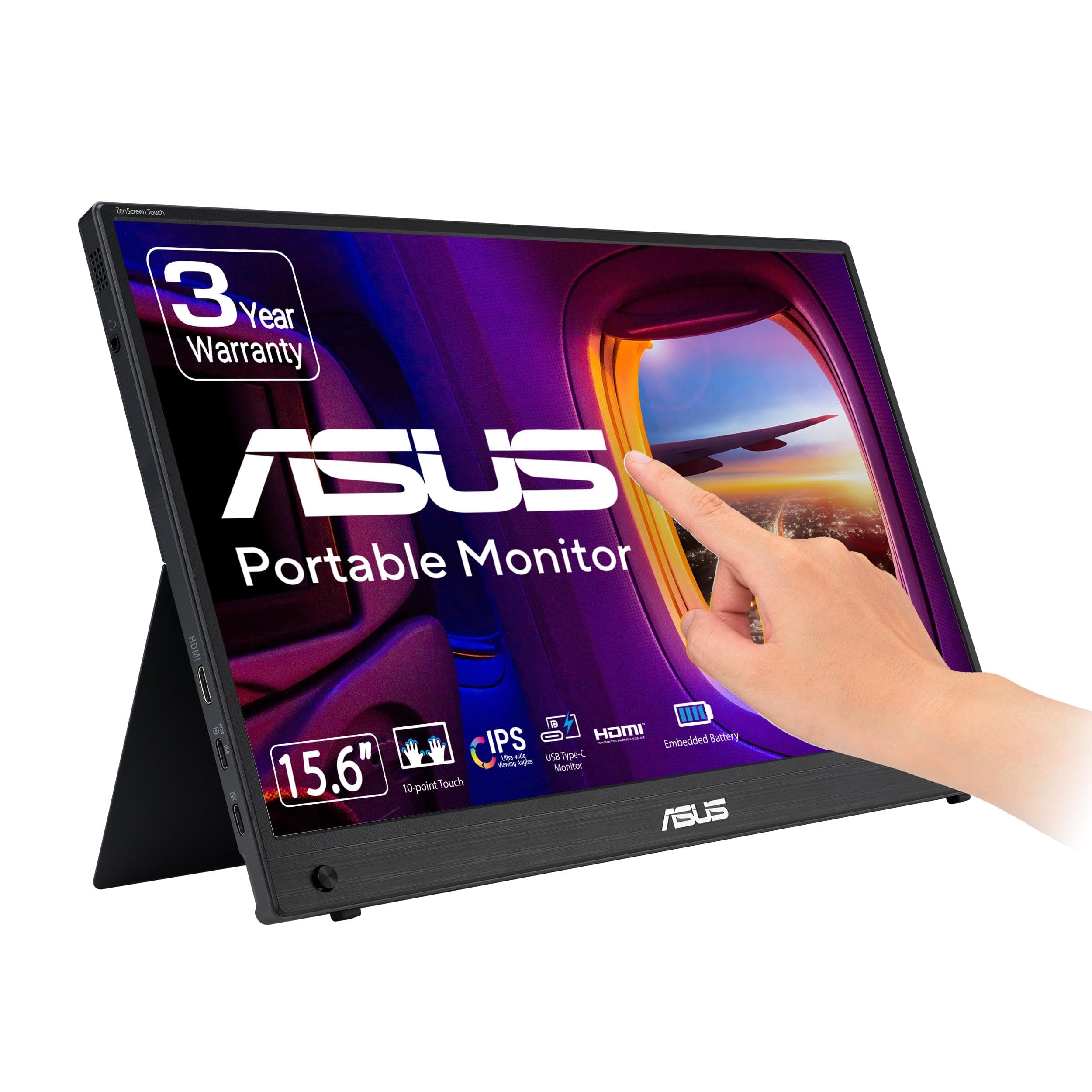 Преносим монитор Asus ZenScreen Touch MB16AMTR, 16'' FHD (1920 x 1080), IPS, 10-точково докосване, 250 cd/m2, вградена батерия, решение за хибриден сигнал, Mini-HDMI, ергономична стойка, гнездо за статив, технологии ASUS Flicker Free и Low Blue Light, 2 x