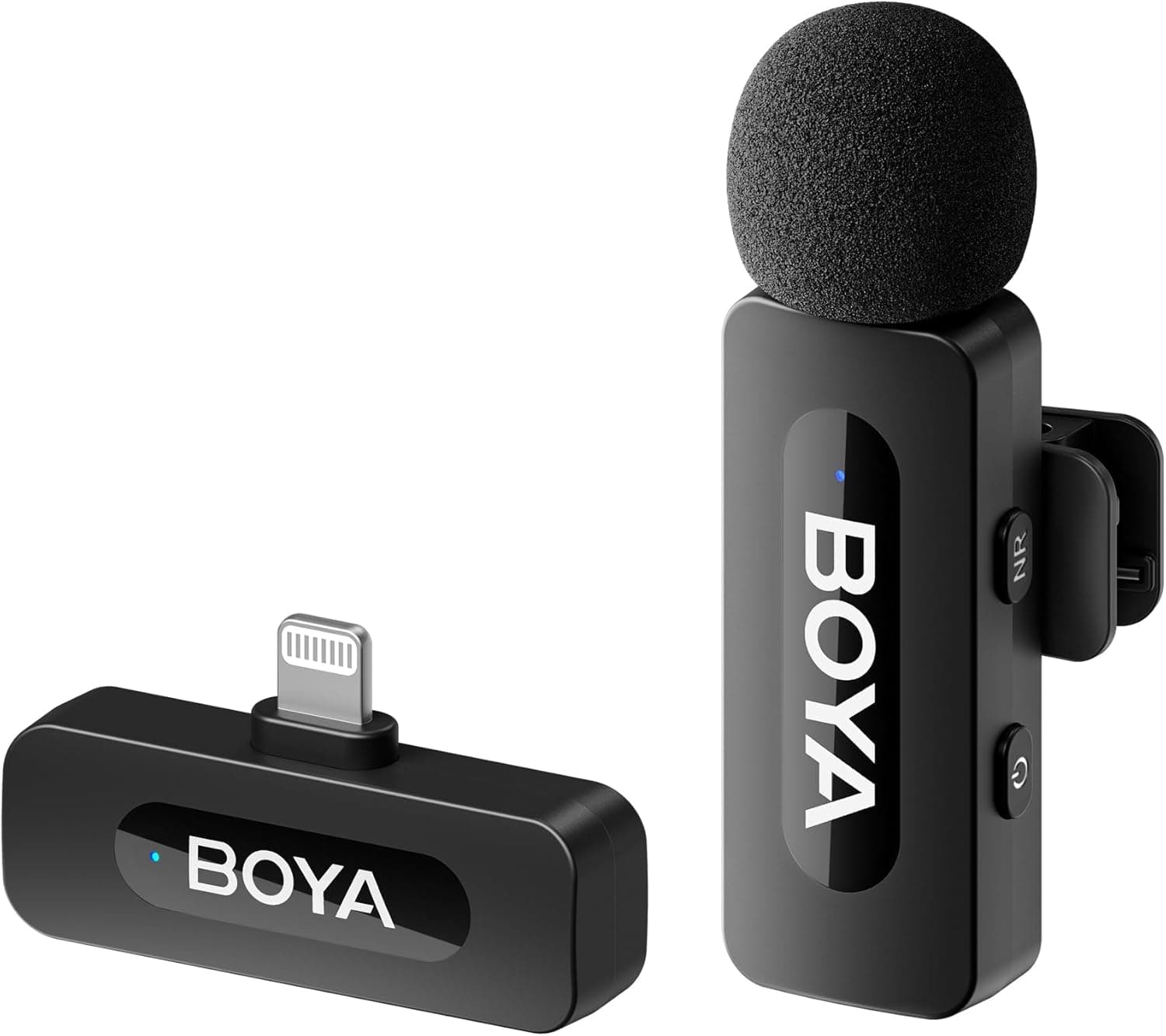 Безжична микрофонна система BOYA BY-V1, 1x микрофон, 1x предавател и 1x приемник, обхват до 50m, до 9 часа време на работа, с ревер, Lightning, черни