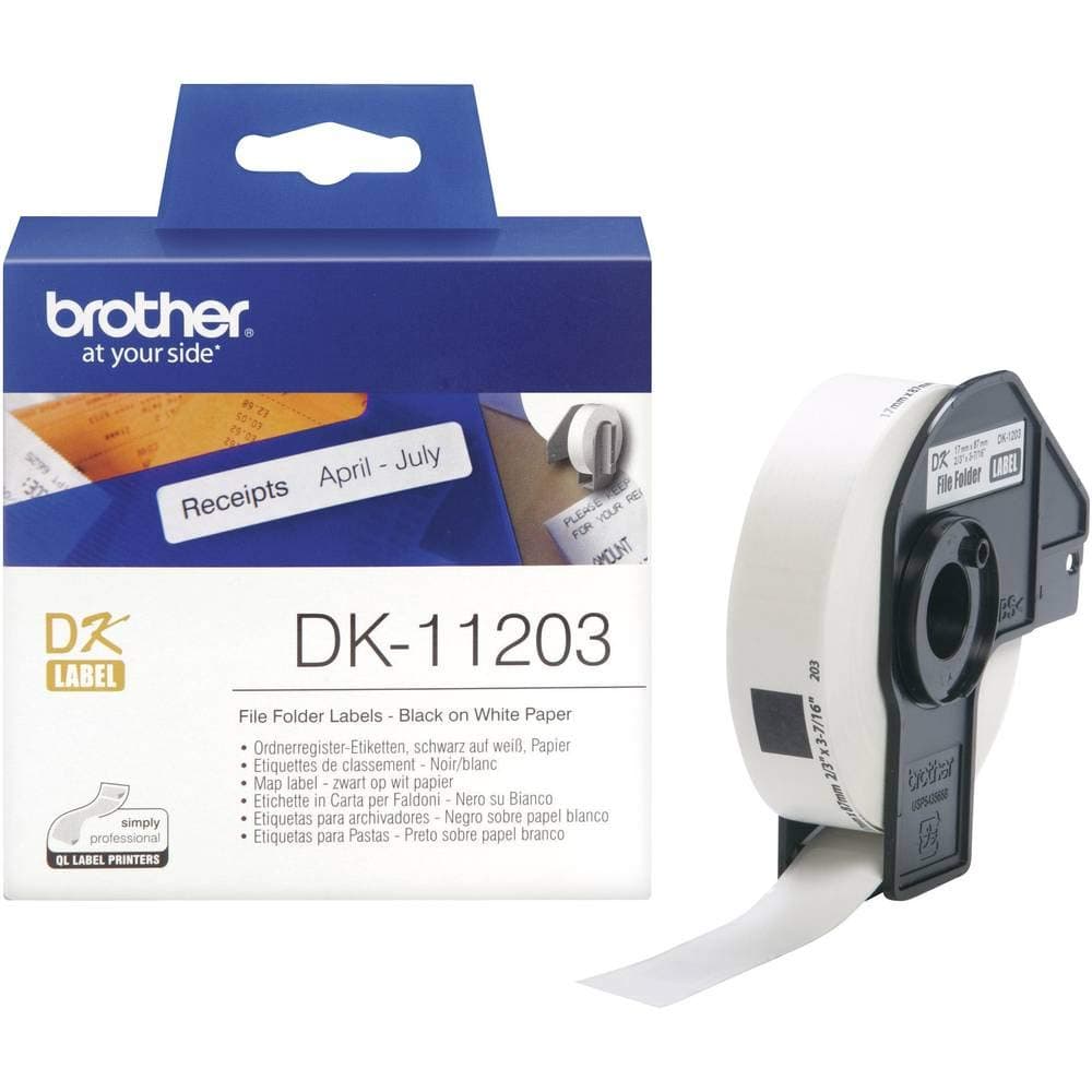 Brother DK-11203 Етикети за папка с файлове, 17 mm x 87 mm, 300 етикета на ролка, черно върху бяло