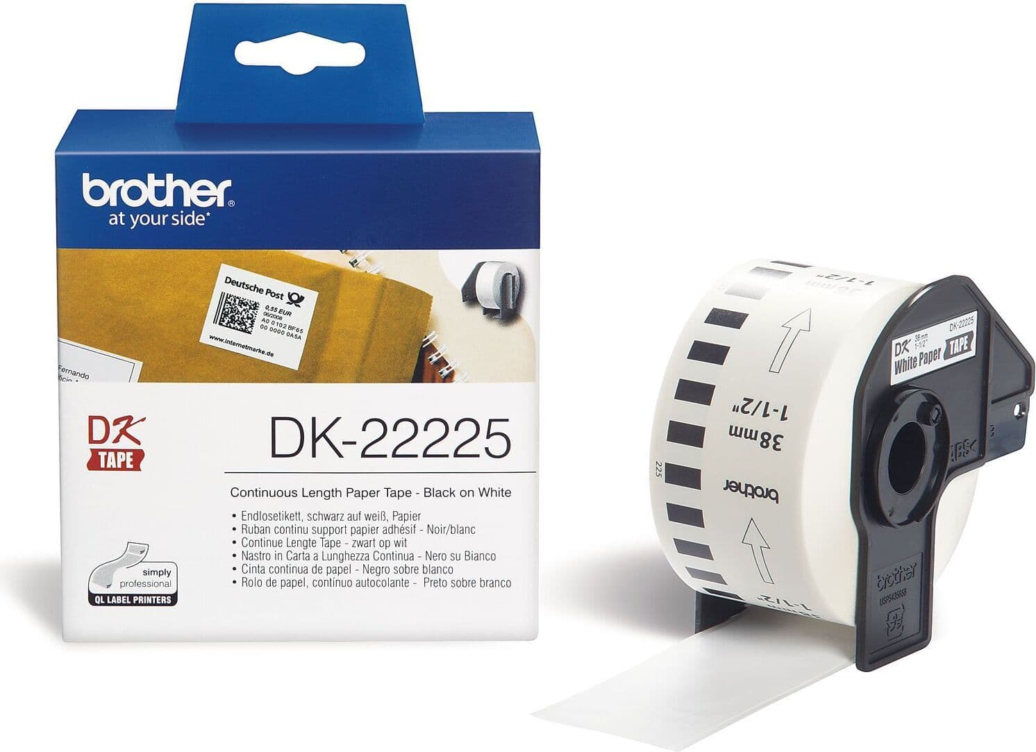 Brother DK-22225 Бяла непрекъсната хартиена лента 38 мм x 30,48 м, черно върху бяло