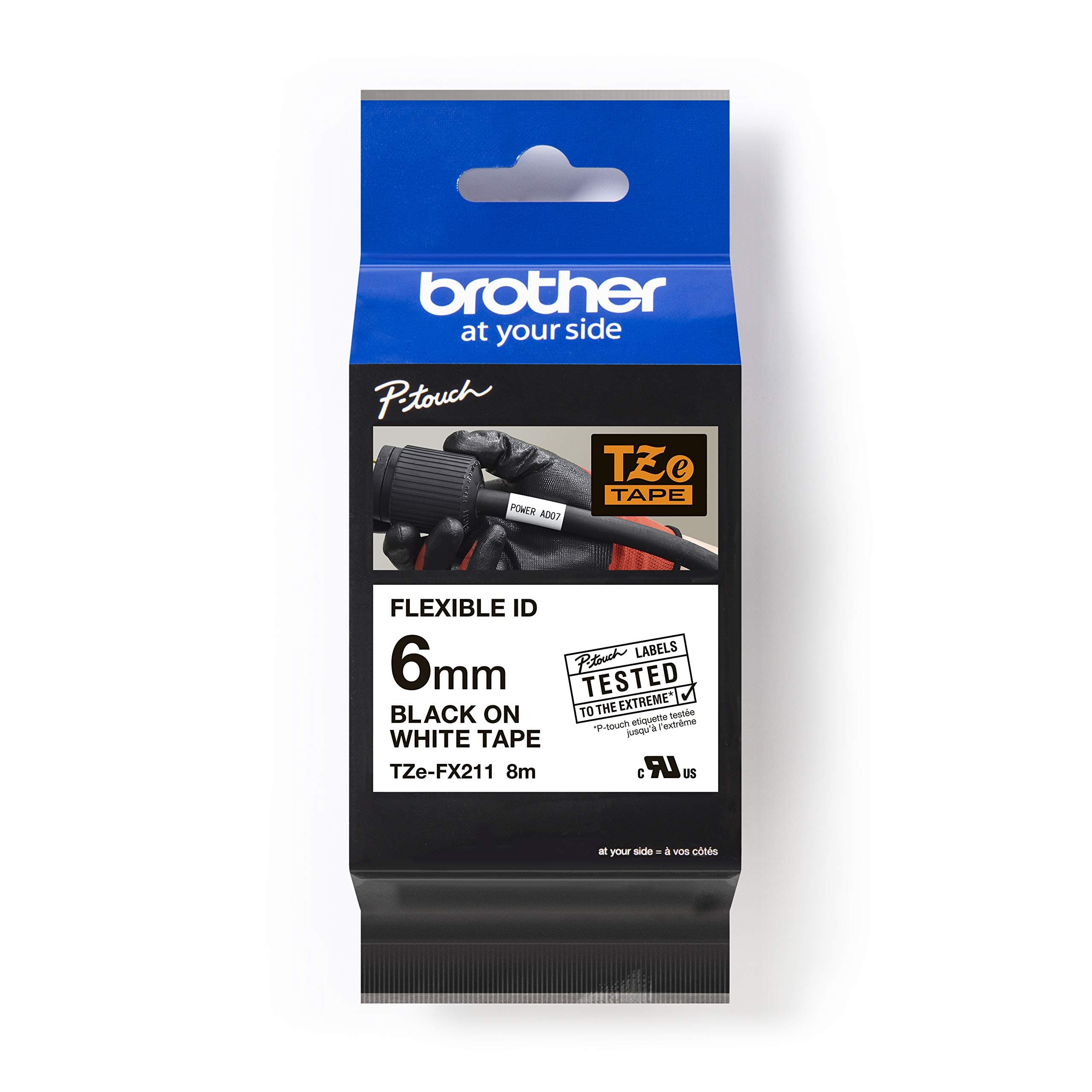 Brother TZe-FX211 Tape, Black on White, Flexible, 6mm, 8m
