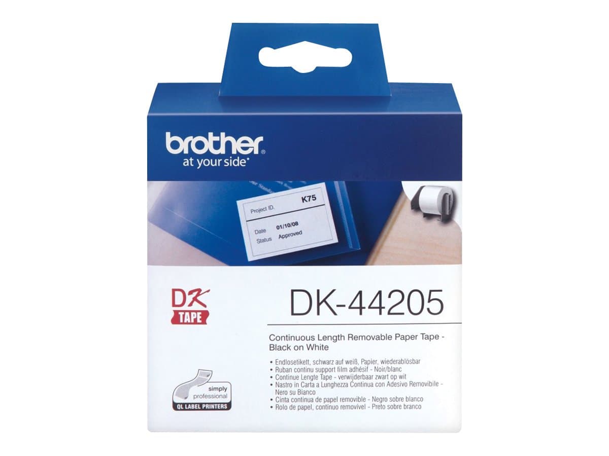 Brother DK-44205 Бяла подвижна хартиена лента 62 мм x 30,48 м, черно върху бяло