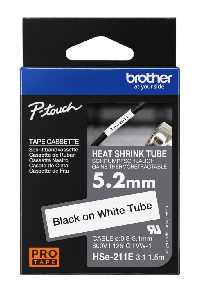 Brother HSe-211E 5.2mm Black on White Heat Shrink Tape