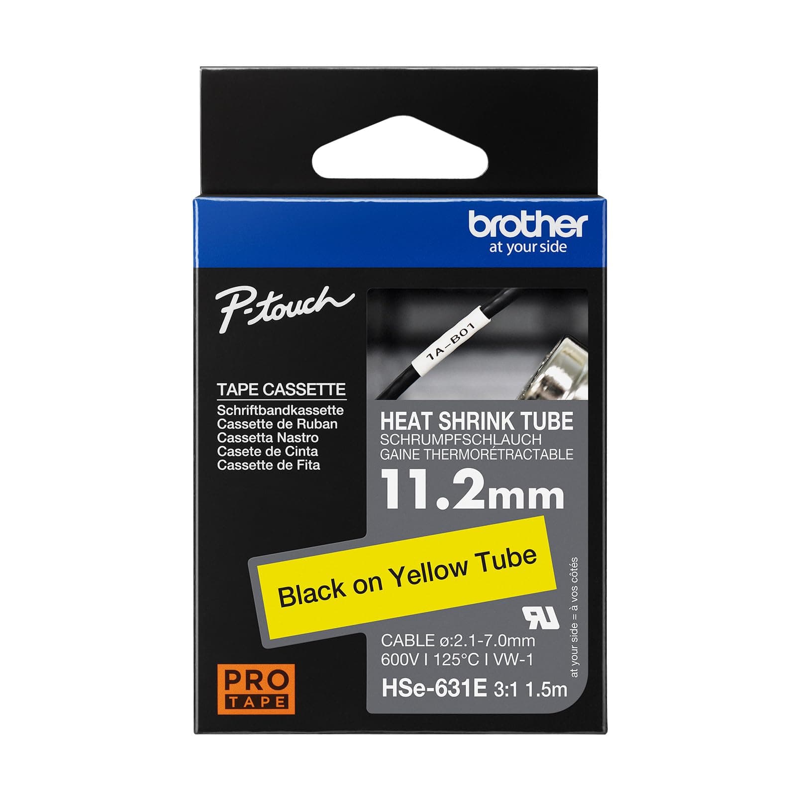 Brother HSe-631E 11.2mm Black on Yellow Heat Shrink Tape