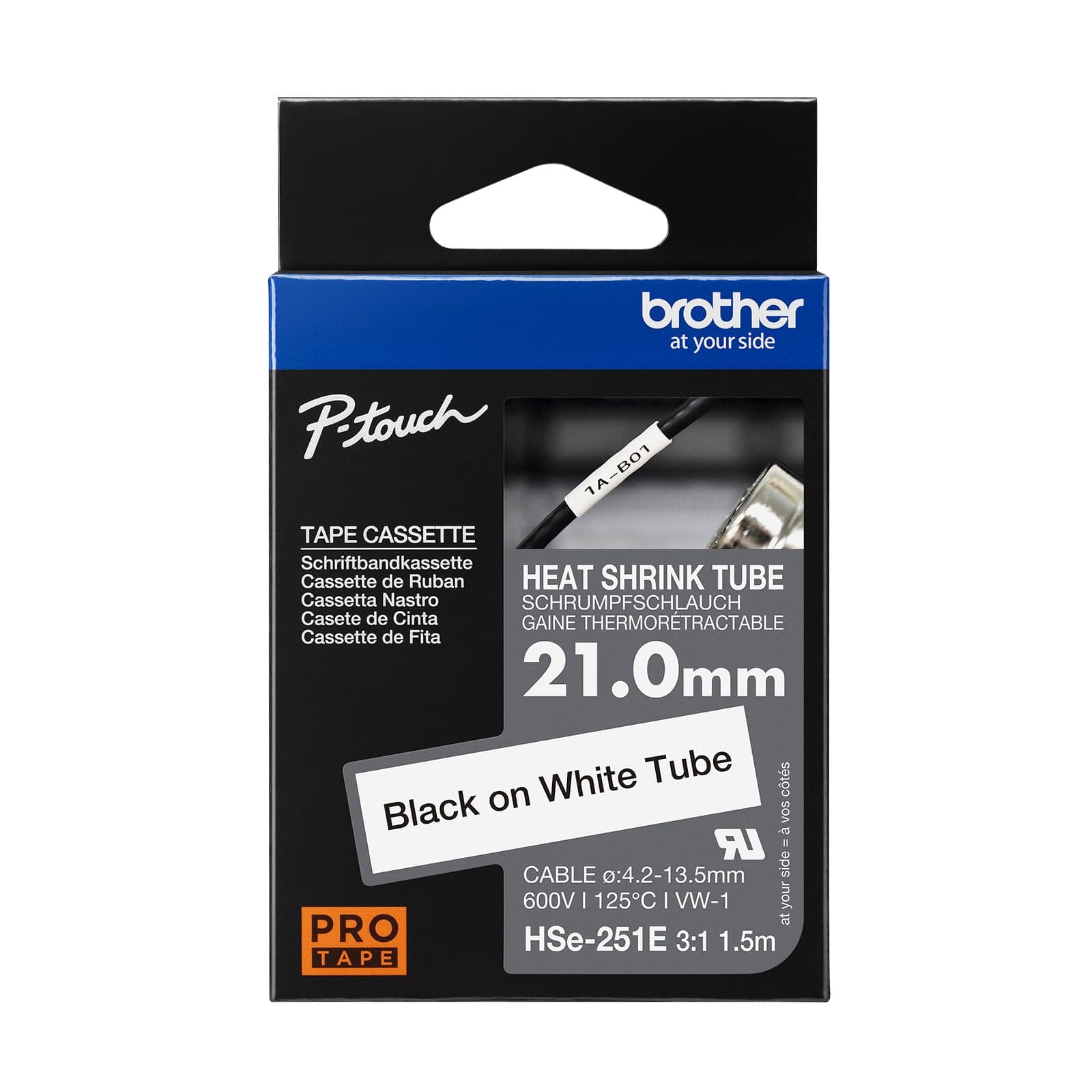 Brother HSe-251E 21mm Black on White Heat Shrink Tape