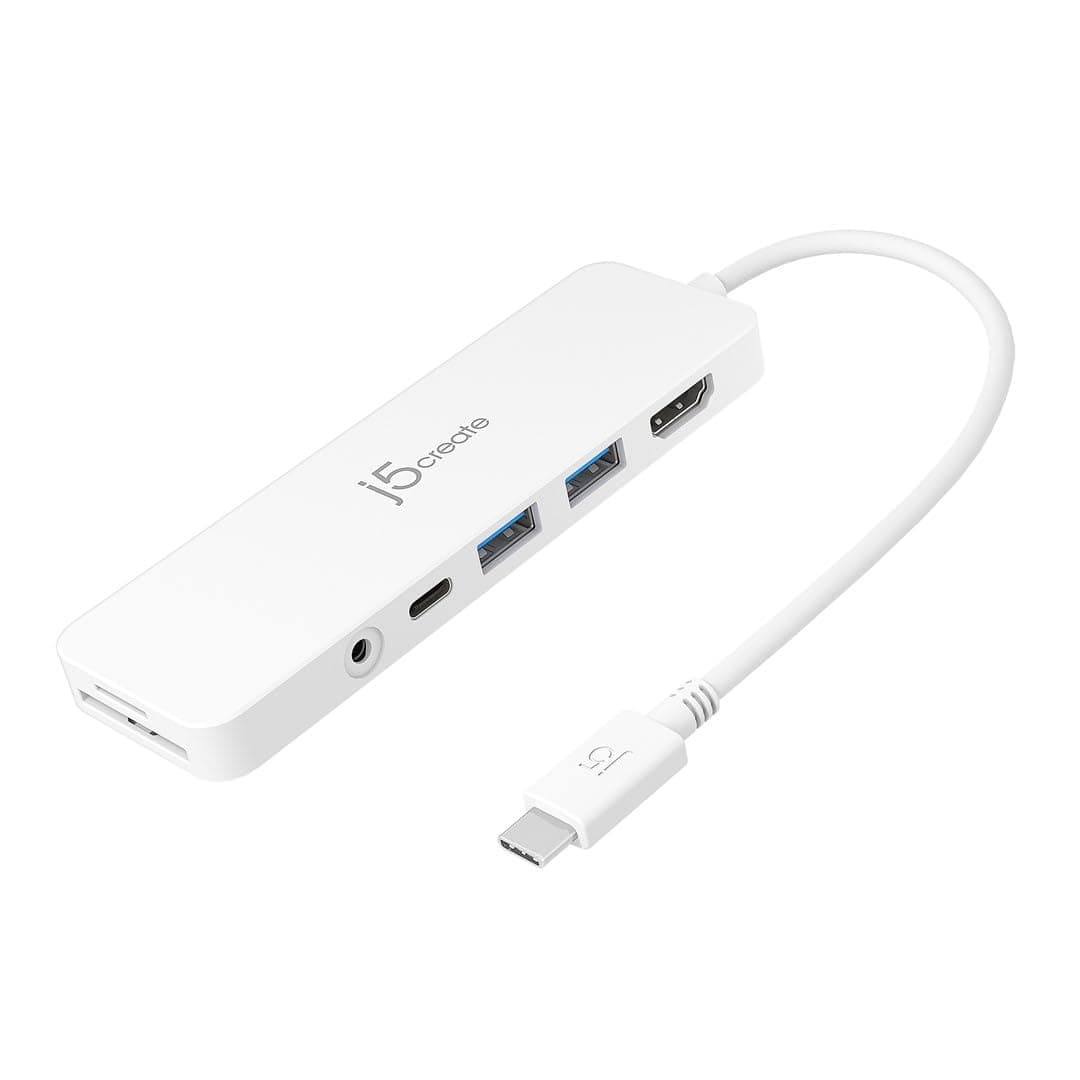 Докинг станция j5create JCD373, от USB-C към 1x USB-C(PD), 2x USB-A, 1x HDMI, 1x AUX, 1x SD/MicroSD четец, бяла