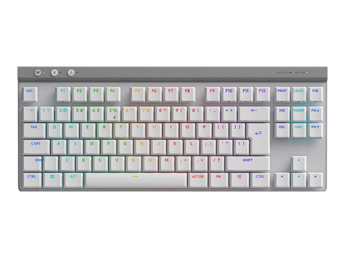Клавиатура Logitech G515 LIGHTSPEED TKL, безжична, механична, GL Tactile суичове, гейминг, RGB подсветка, нископрофилни клавиши, US International подредба, бяла, USB, Bluetooth