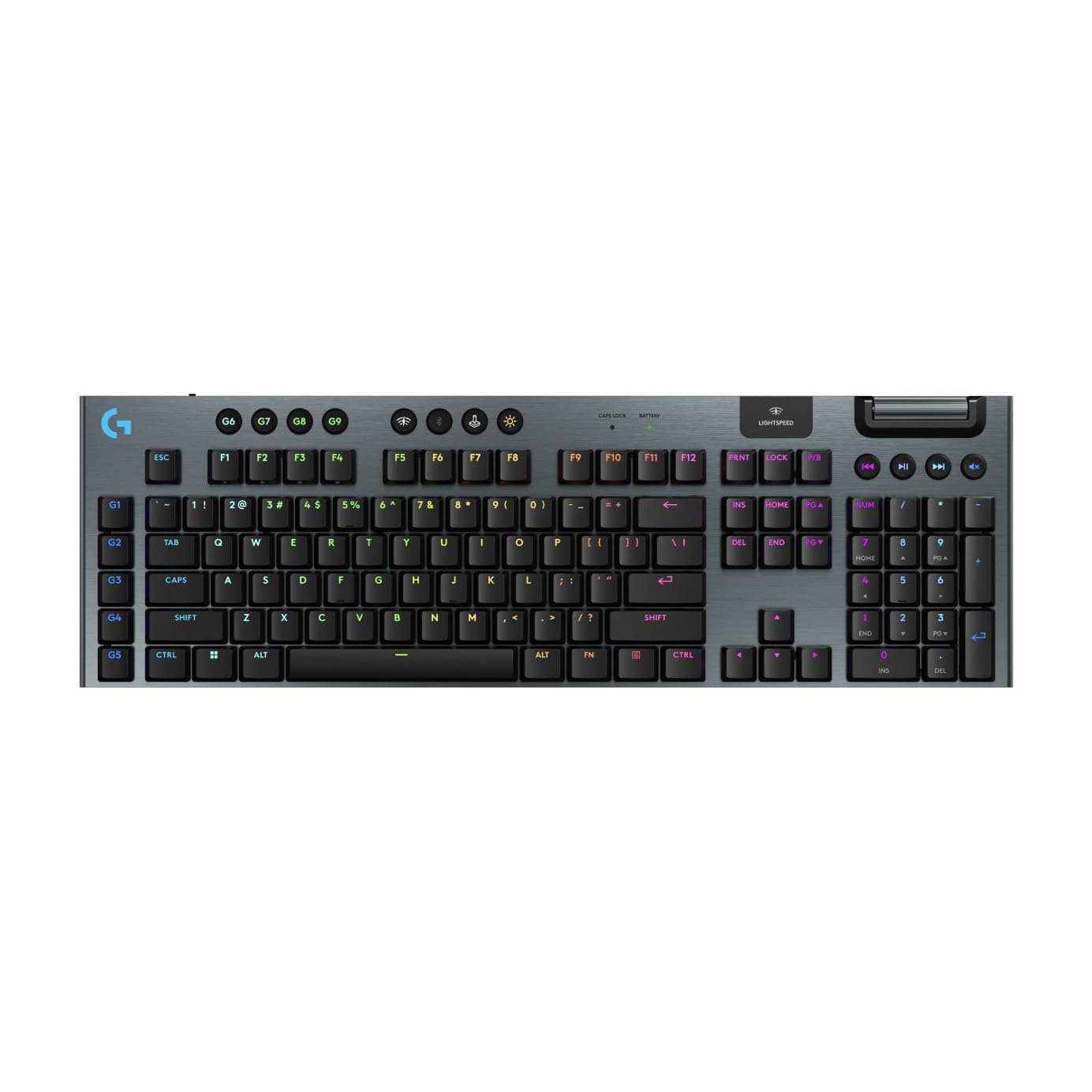 Клавиатура Logitech G915 X LIGHTSPEED Tactile, безжична, геймърска, механична, Tactile суичове, RGB подсветка, US layout, черна, USB, Bluetooth