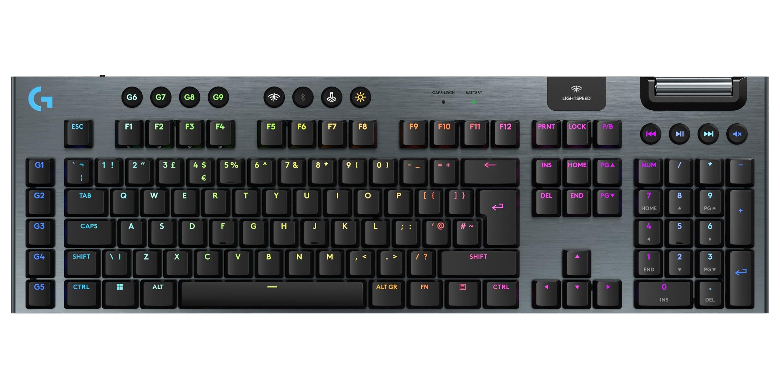 Клавиатура Logitech G915 X LIGHTSPEED Tactile (920-012690), жична/безжична, механична, Tactile суичове, RGB подсветка, гейминг, US Layout, бяла, USB, Bluetooth