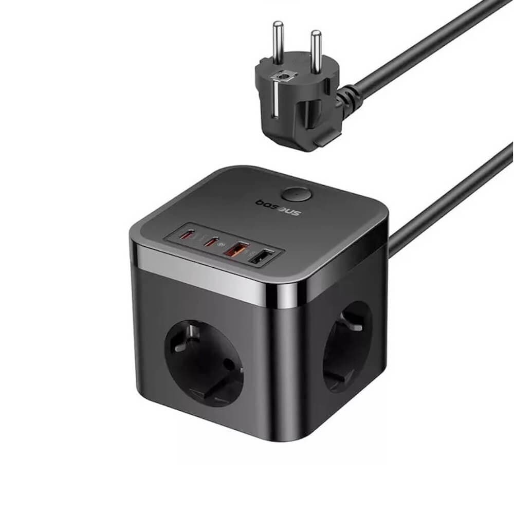 Разклонител с 3 изхода и вградени 1хUSB-C и 3хUSB-A изхода за мобилни устройства - Baseus PowerCombo Cube Wall Power Strip With USB-C Hub 30W (черен)