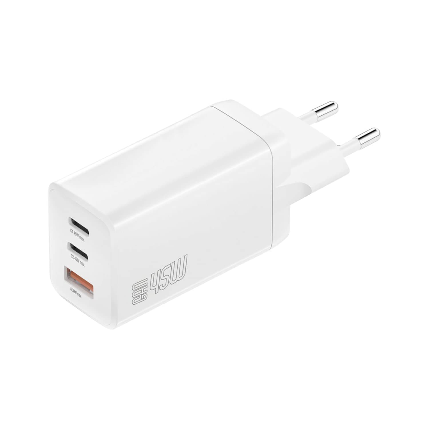 Захранване за ел. мрежа с USB-A и 2xUSB-C изходи с технология за бързо зареждане - 4smarts GaN Wall Charger PDPlug Trio 45W (бял)