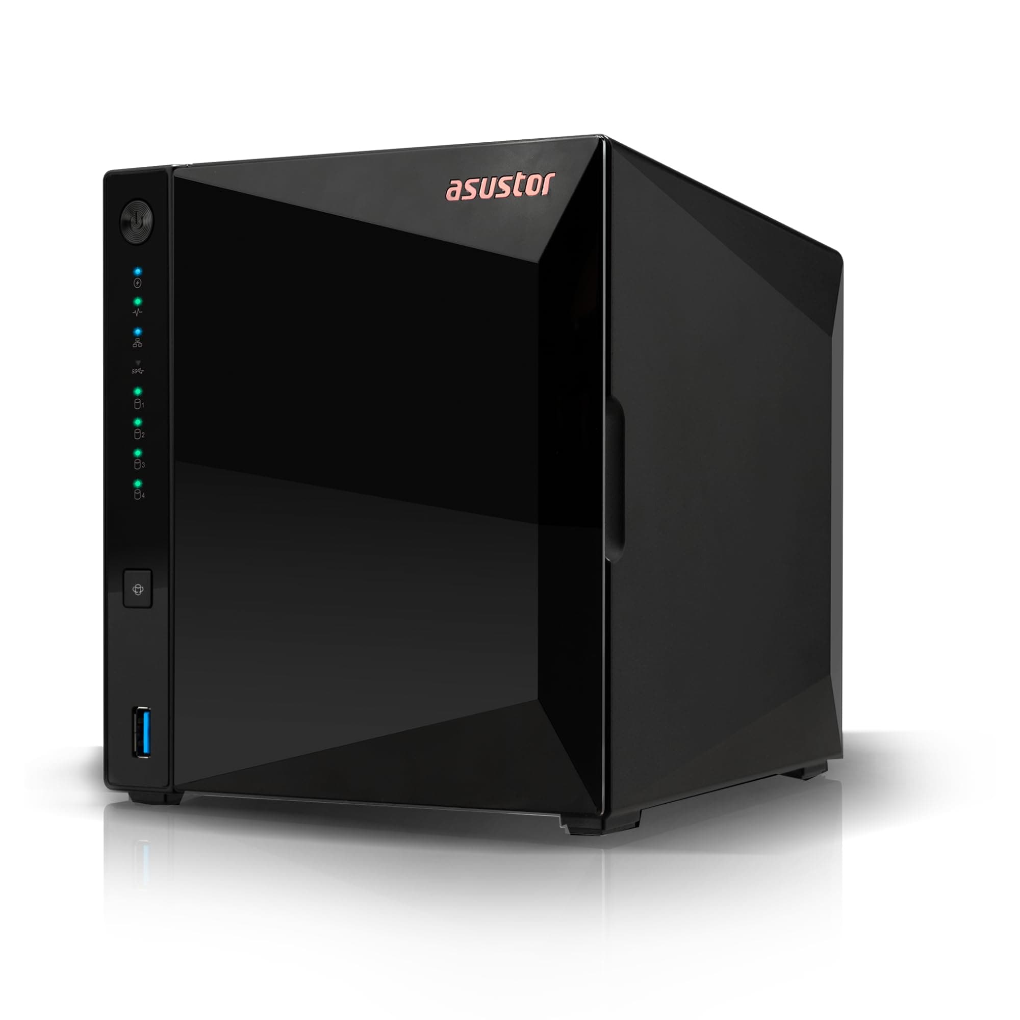 Asustor AS3304T_V2, NAS с 4 отделения, Realtek RTD1619B, Quad-Core, 1,7 GHz, 2 GB DDR4 (не е бивш), 2,5 GbE x1, USB3.2 Gen1 x3, WOW (Wake on WAN), инсталация без инструменти, с тава с възможност за гореща смяна, хардуерно криптиране, MyArchive, EZ свързва