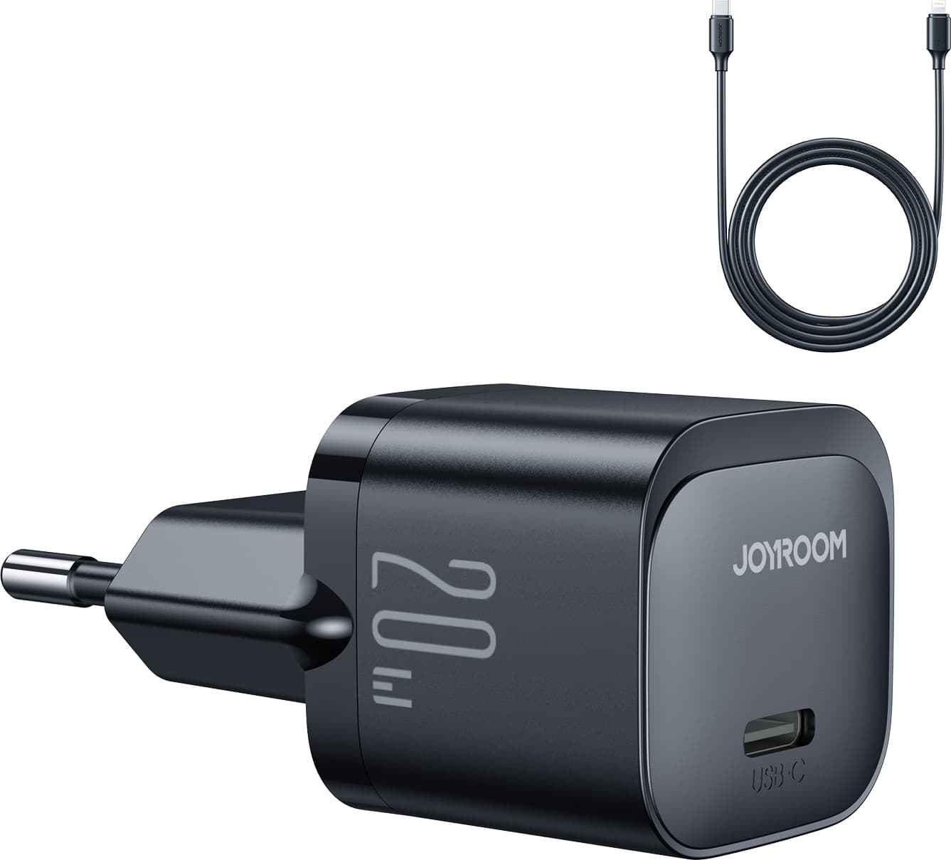 Захранване за ел. мрежа с USB-C изход с технология за бързо зареждане и USB-C към Lightning кабел - Joyroom Mini PD Fast Charging Kit USB-C 20W (черен)