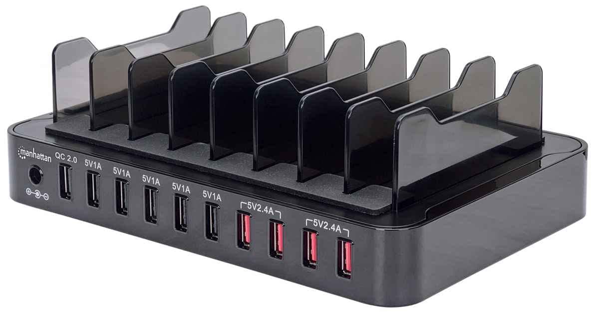 Зарядно устройство Manhattan, от контакт към 10x USB-A(ж), със стойки, черно