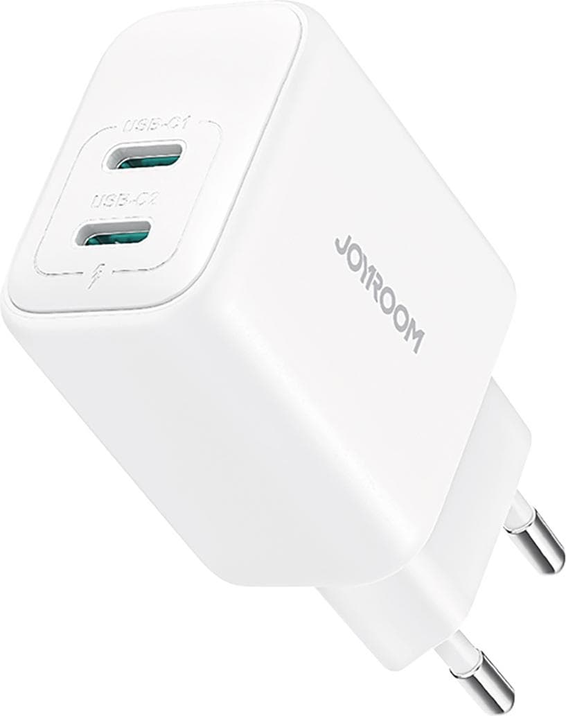 Захранване за ел. мрежа с 2xUSB-C PD изходи с технология за бързо зареждане - Joyroom Dual USB-C Wall Charger 20W PD (бял)