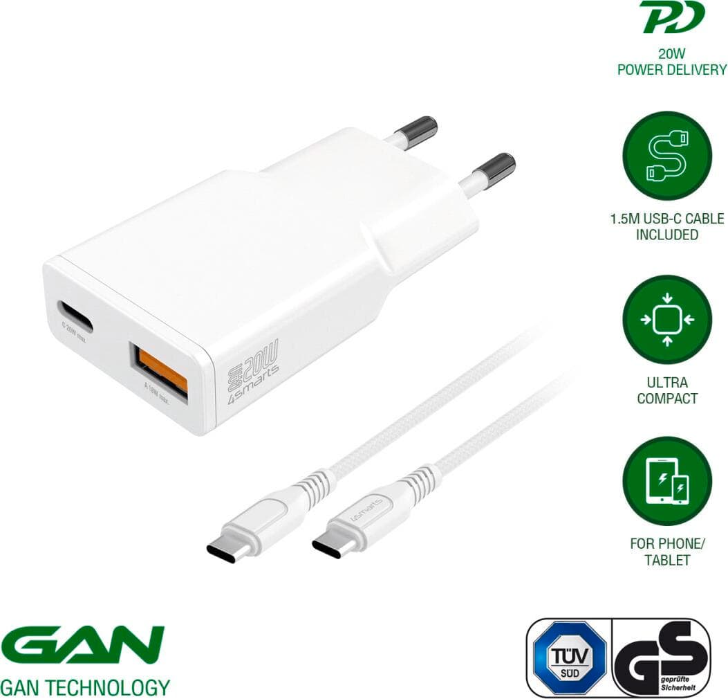 Захранване за ел. мрежа с USB-A и USB-C изходи с технология за бързо зареждане и USB-C към USB-C кабел (150 см) - 4smarts Slim Duos Mini PD Wall Charger 20W and USB-C Cable (бял)
