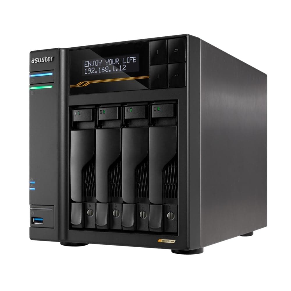 Asustor Lockerstor 4 Gen3 AS6804T 4 Bay NAS, AMD Ryzen Embedded Quad-Core 2.3GHz (burst up to 3.8GHz), Dual USB 4 Ports, Dual 10GbE Ports, Dual 5GbE Ports, 16G ECC RAM DDR5 (Max. 64GB) 4x M.2 SSD Slots (Diskless), 2 x Type C, Black
