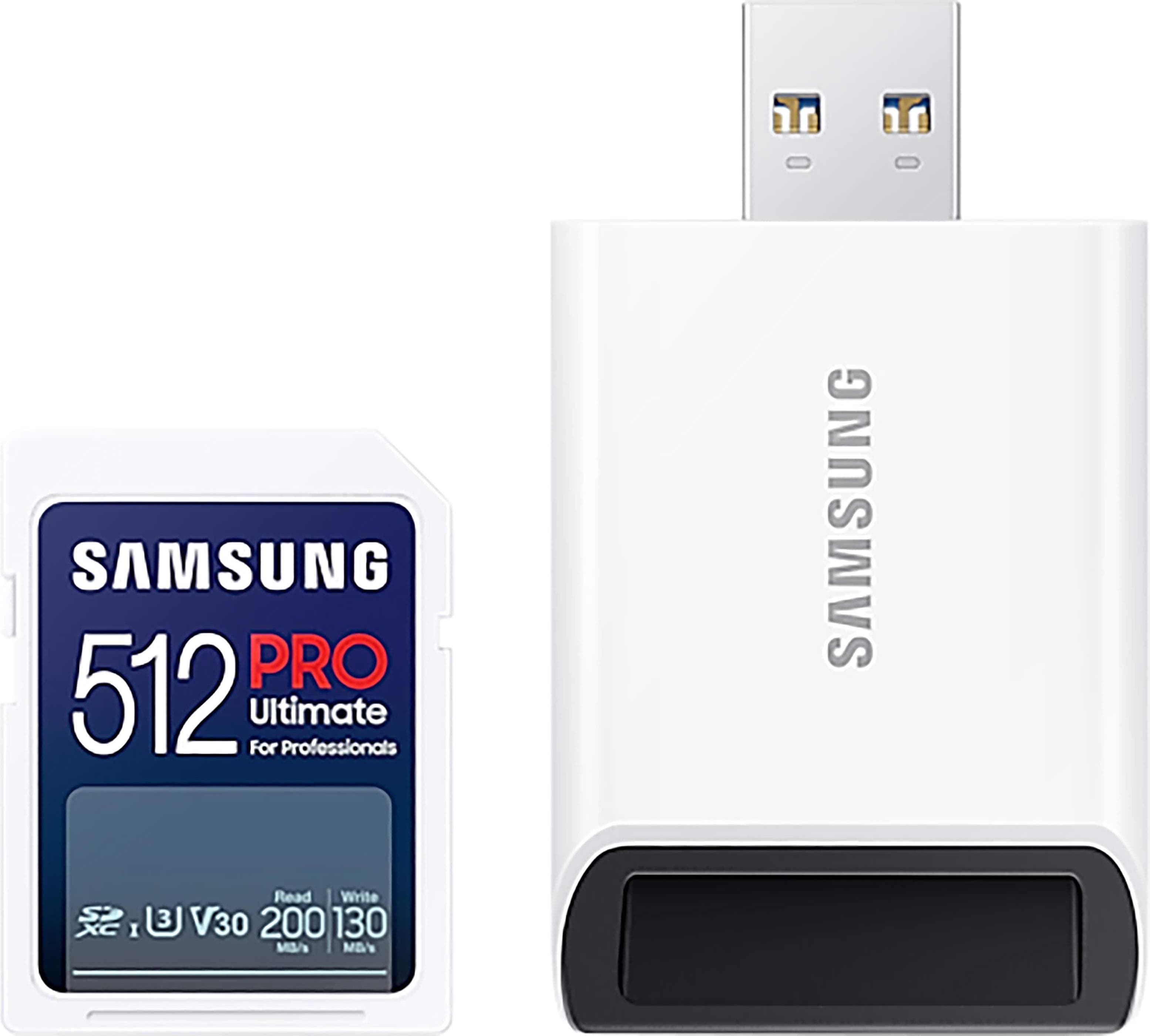 Samsung 512GB SD Card PRO Ultimate с USB четец, U3, V30, Четене 200MB/s - Запис 130MB/s