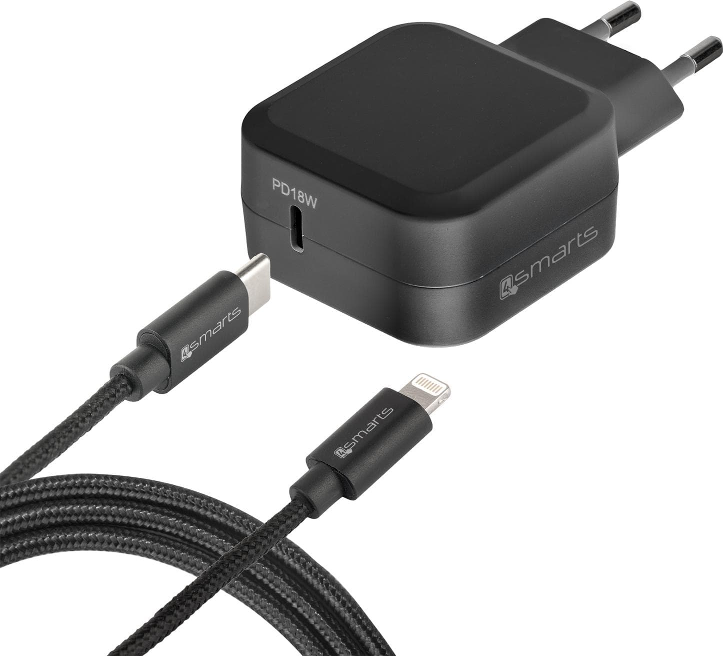 Захранване за ел. мрежа с USB-C изход и Lightning към USB-C кабел за Apple устройства - 4smarts Fast Wall Charger Set (черен)