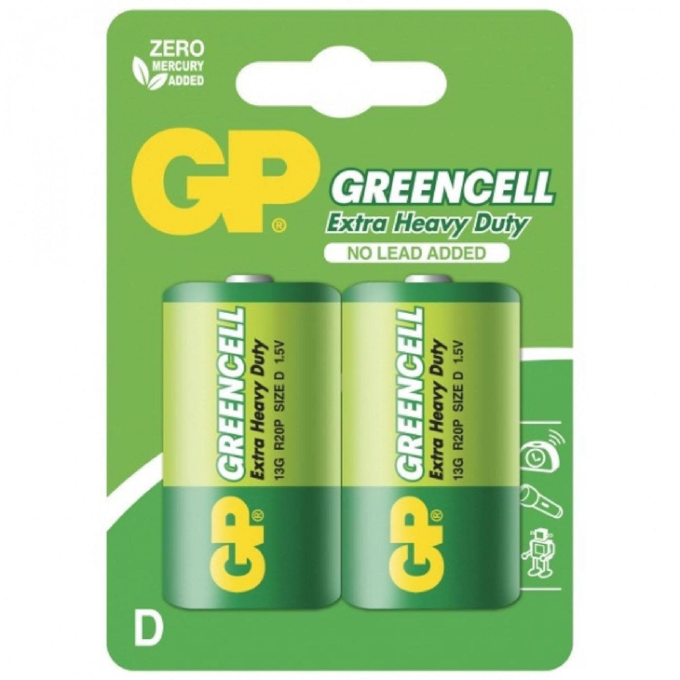 Цинк карбонова батерия GP R20, Greencell 13G-U2, 2 бр. в опаковка, blister, 1.5V