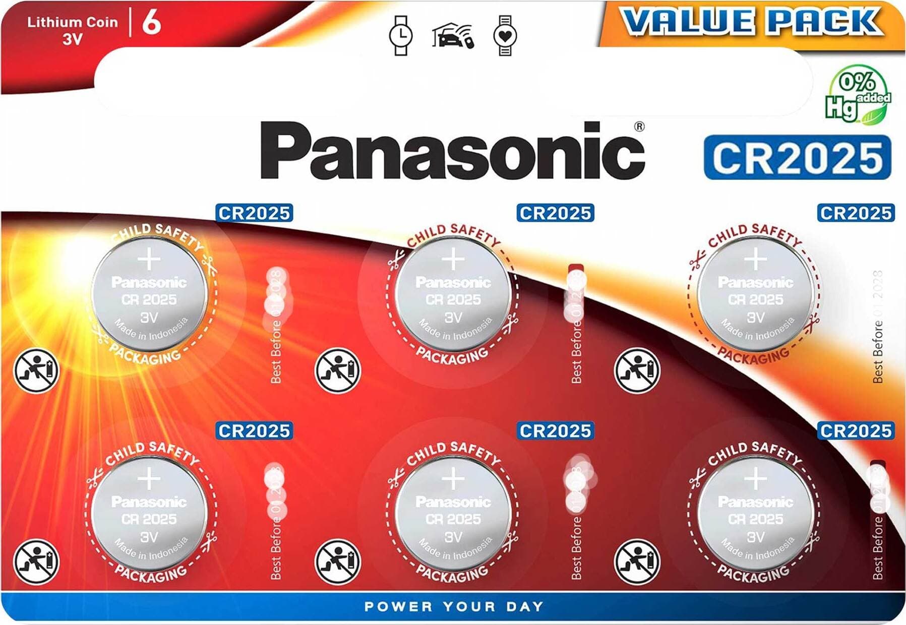 Бутонна батерия литиева PANASONIC CR2025, 3V, 6 бр. в блистер /цена за 6 бр./