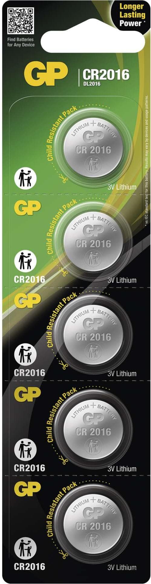 Литиева бутонна батерия GP CR2016 3V 5 бр. в блистер /цена за 1 бр./ GP
