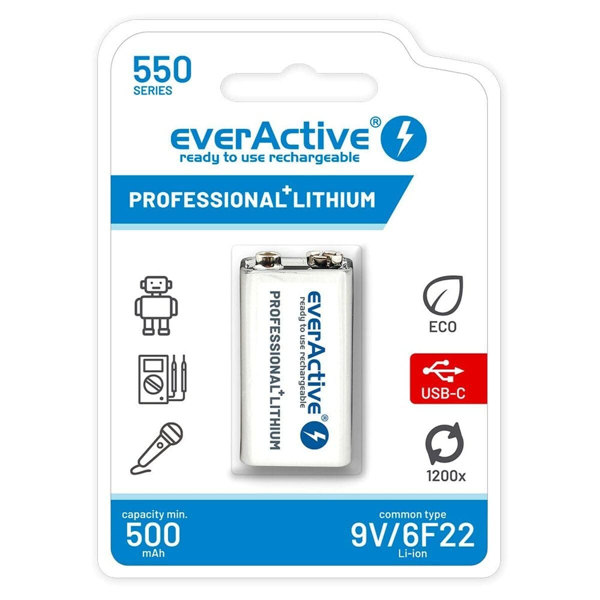 Акумулаторна Батерия R22 9V LiIon 500mAh/550 precharged +Usb-C 1бр. в опаковка EVERACTIVE