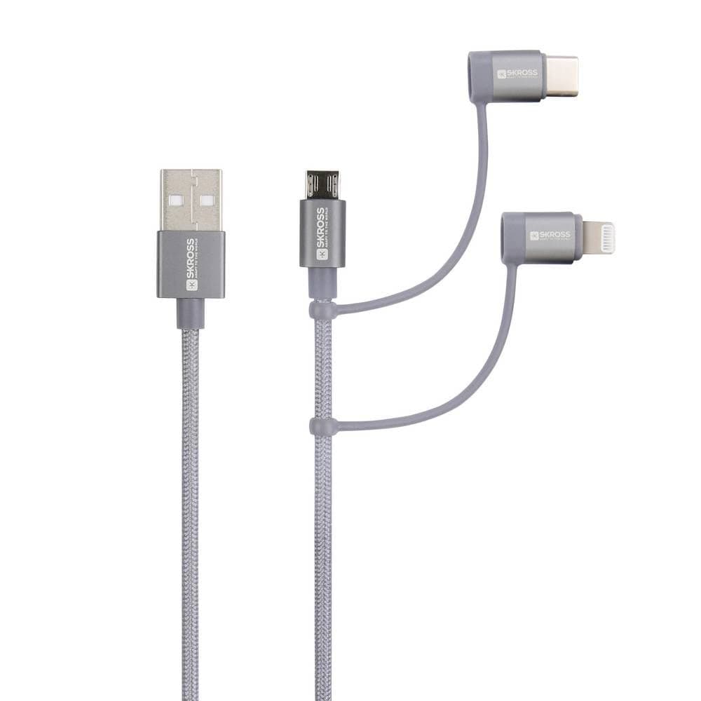 Кабел Skross 3 в 1, USB-A - USB-C/ Lightning/ Micro USB, Метална оплетка, 1.2 м