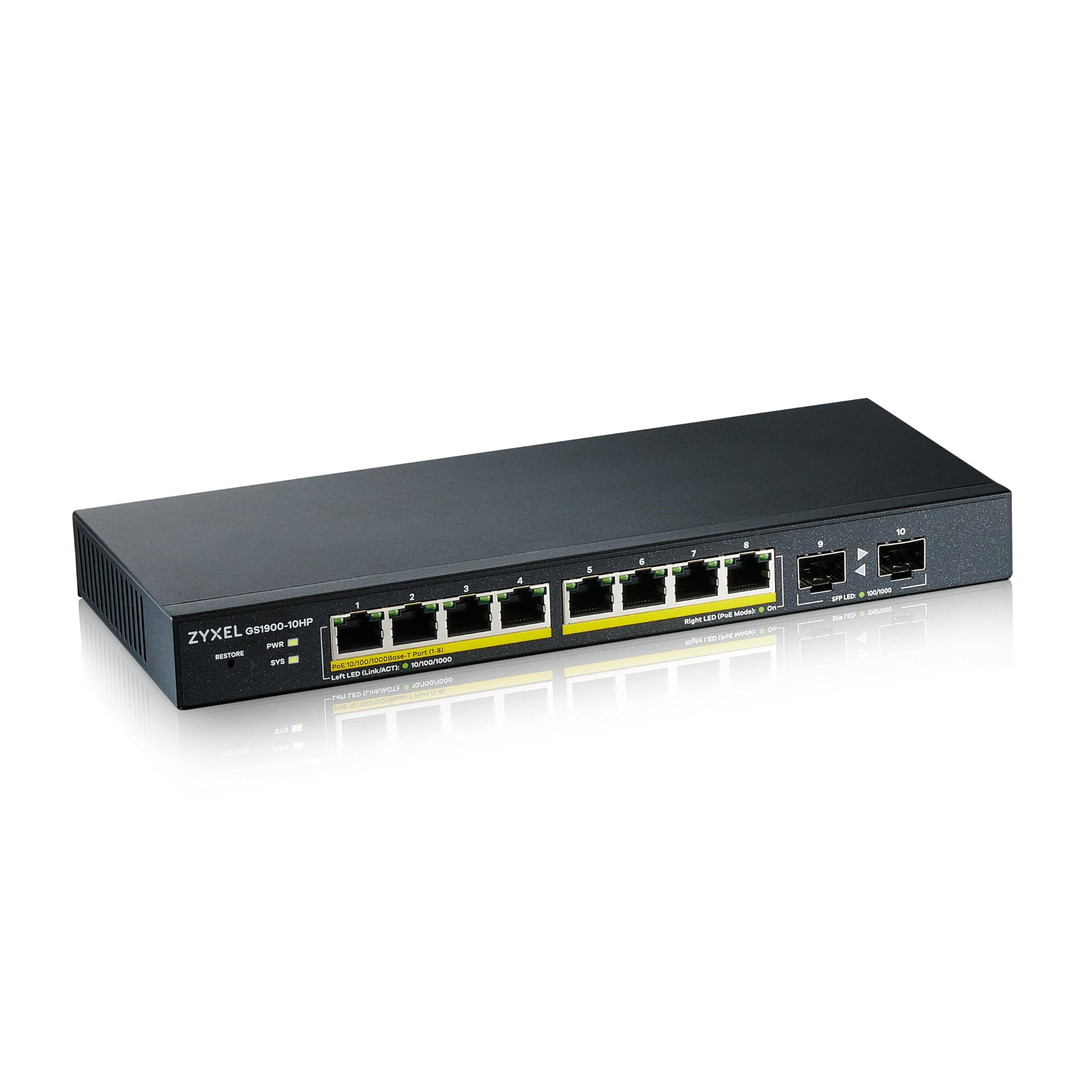 ZyXEL GS1900-10HP v2, 8-port GbE L2 PoE Smart Switch + 2 SFP slots, 802.3at, desktop, fanless, 70 Watt