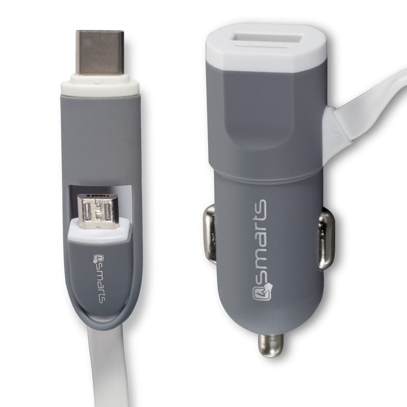 Зарядно за кола с кабел за microUSB и USB-C стандарти - 4smarts MultiCord Car Charger MicroUSB + USB-C (бял-сив)
