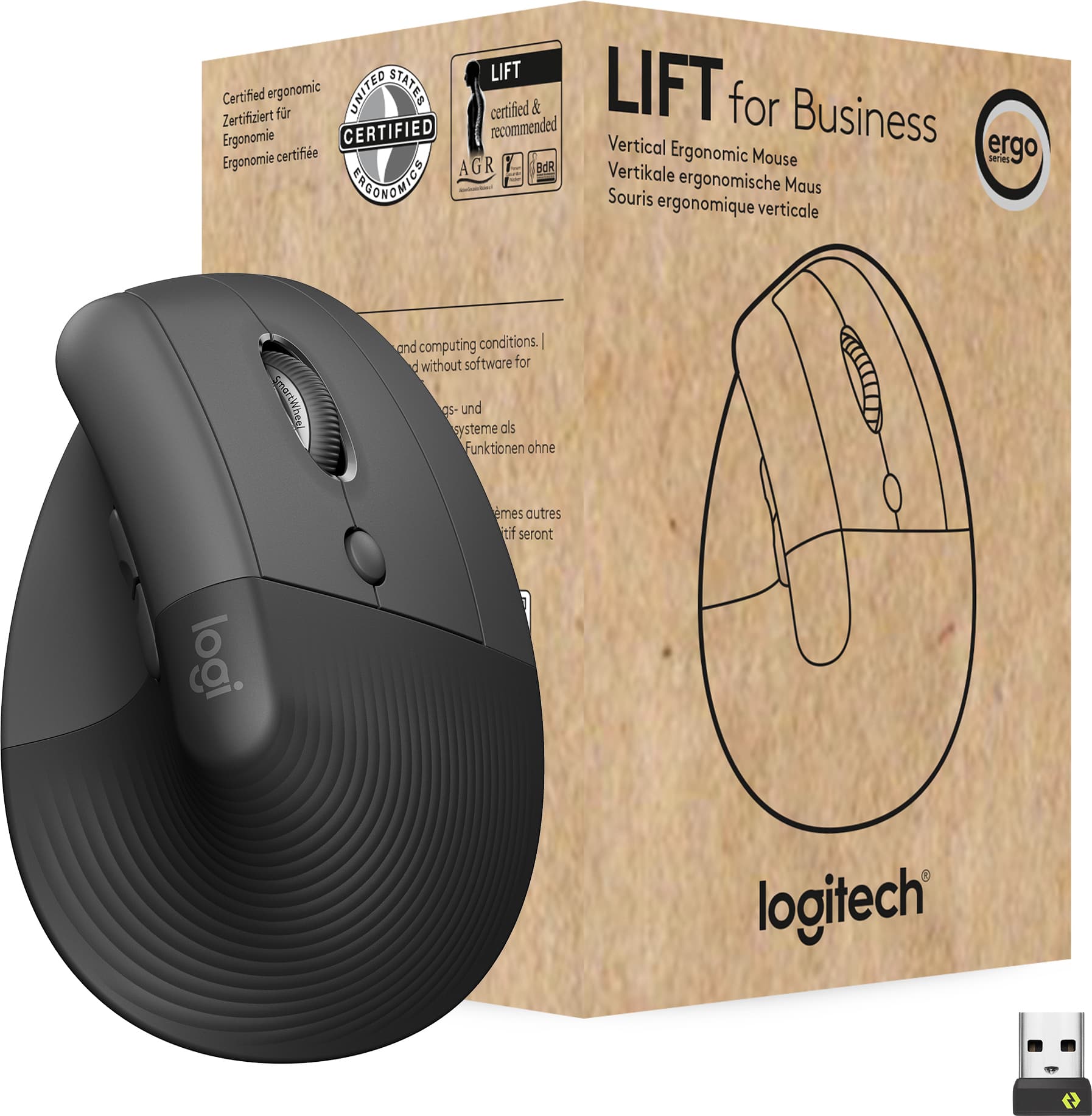 Мишка Logitech Lift Graphite for Business, оптична (4000 dpi), безжична, USB, Bluetooth, черна