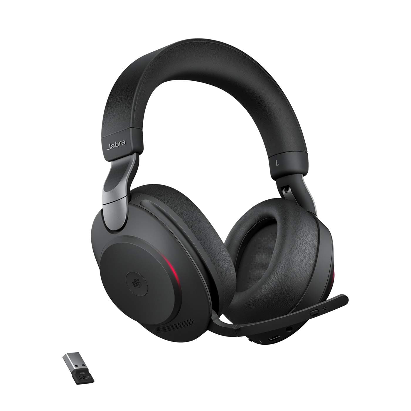 Слушалки Jabra Evolve2 85, Bluetooth, микрофон, 40mm драйвери, 6 цифрови MEMS микрофона, ANC шумопотискане, до 37 часа време на работа, 3.5mm жак, Link380a, черни