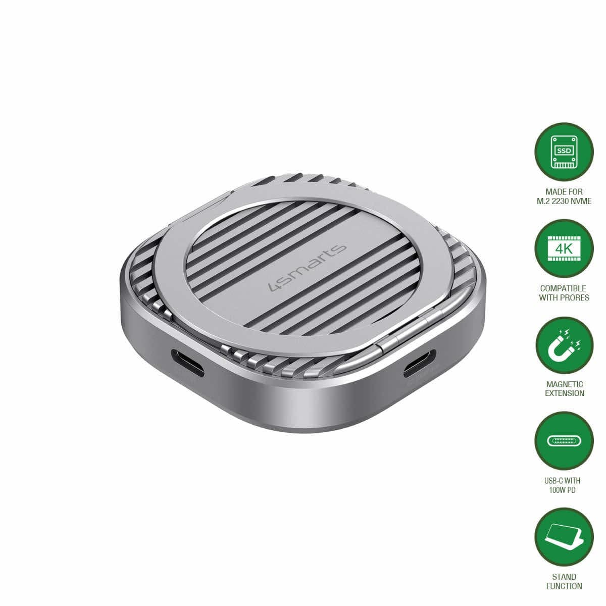 Кутия за външна памет M.2 SSD за устройства с MagSafe и USB-C порт (сив) - 4smarts Magnetic M.2 SSD Enclosure and Kickstand with MagSafe