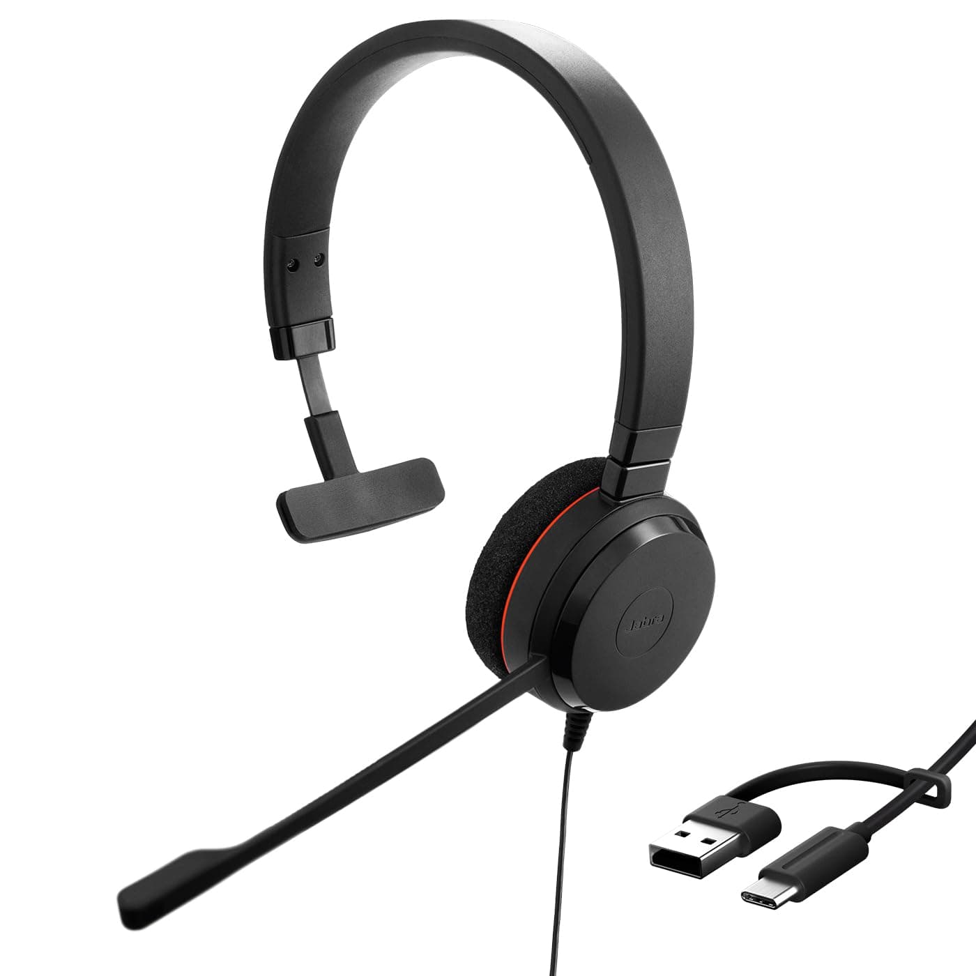 Слушалки Jabra Evolve 20 MS Mono USB-C/A, микрофон, пасивно неутрализиране на шума, иновативен дизайн, сертифицирани за Microsoft Teams, черни