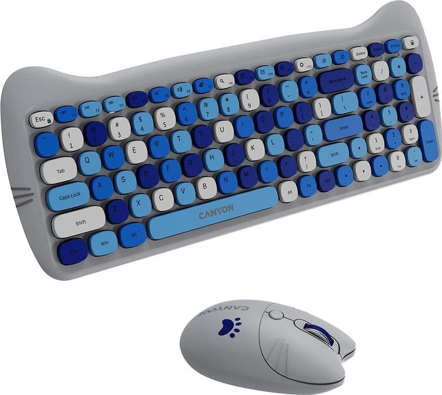 Комплект клавиатура, мишка и пад Canyon HSET-W6 Kitty Edition, безжични, 1600dpi, USB, сиви
