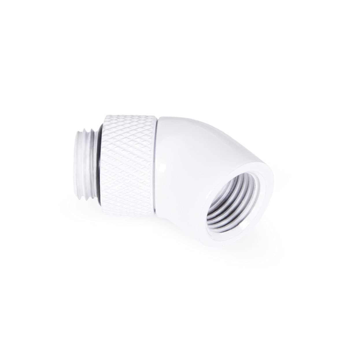Ъглов адаптер Alphacool Eiszapfen, 45°, G1/4 външна към G1/4 вътрешна резба, Бял