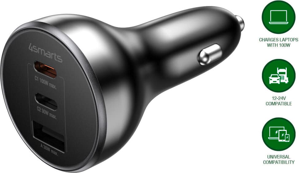 Зарядно за кола с 2xUSB-C и USB-A изходи с технология за бързо зареждане - 4smarts Car Charger VoltRoad Ultimate 160W (черен)