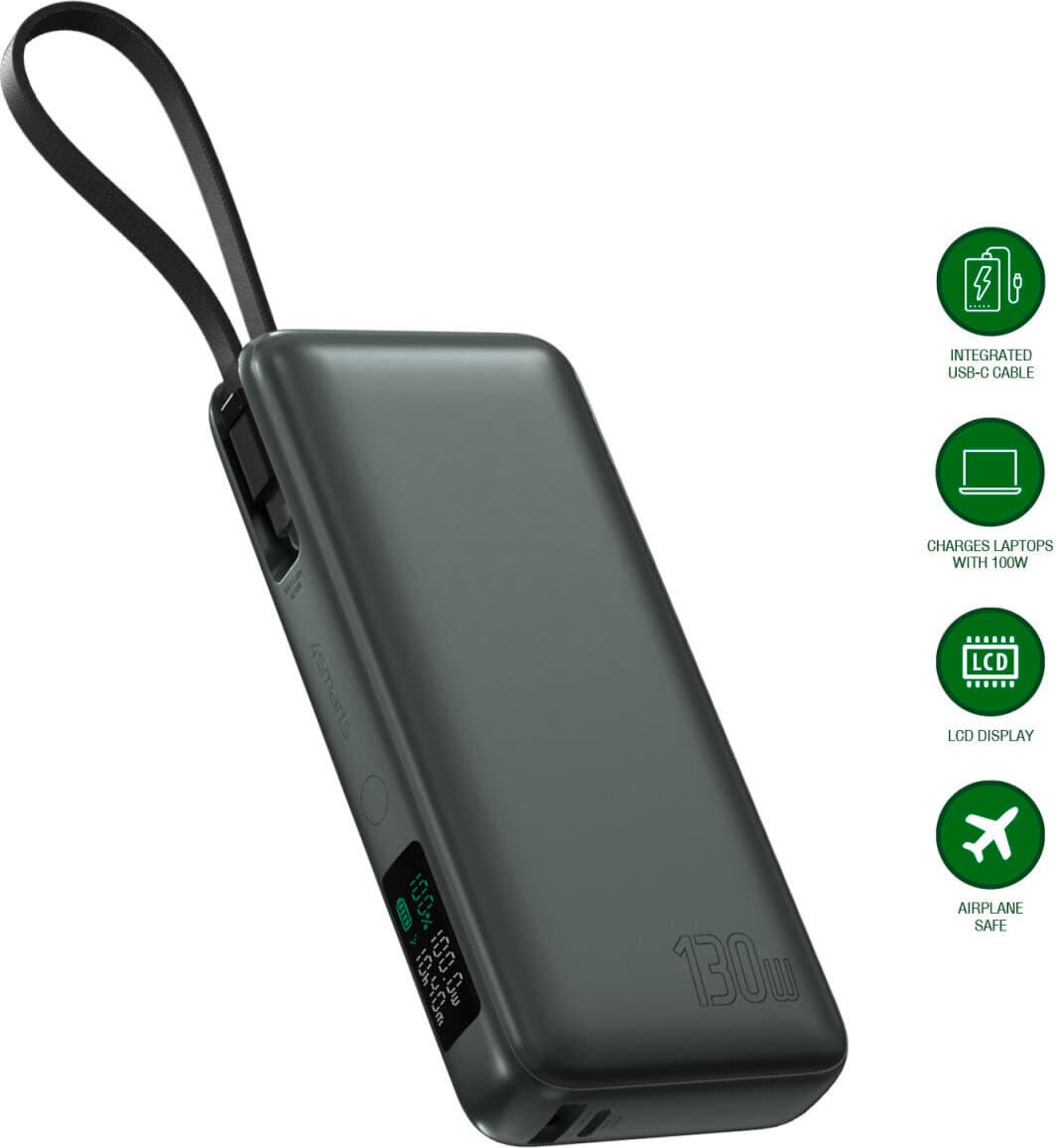 Външна батерия с USB-A и USB-C портове и вграден USB-C кабел - 4smarts Power Bank Enterprise 20000 mAh 130W (тъмносив)