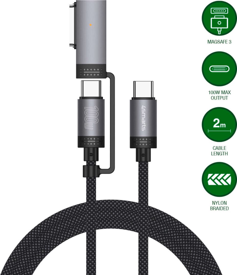 Качествен USB-C към USB-C кабел и USB-C към MagSafe 3 адаптер (200 см) - 4smarts ComboCord USB-C and MagSafe 3 Adapter Cable 100W (черен)