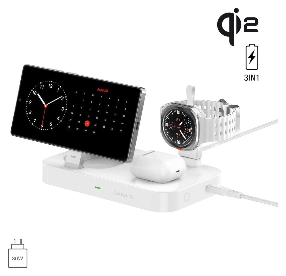 Тройна поставка (пад) за безжично зареждане за Samsung устройства с MagSafe, Galaxy Watch, Galaxy Buds и Qi съвместими мобилни устройства - 4smarts Qi2 Charging Station Trident With Charger for Galaxy Watch (бял)