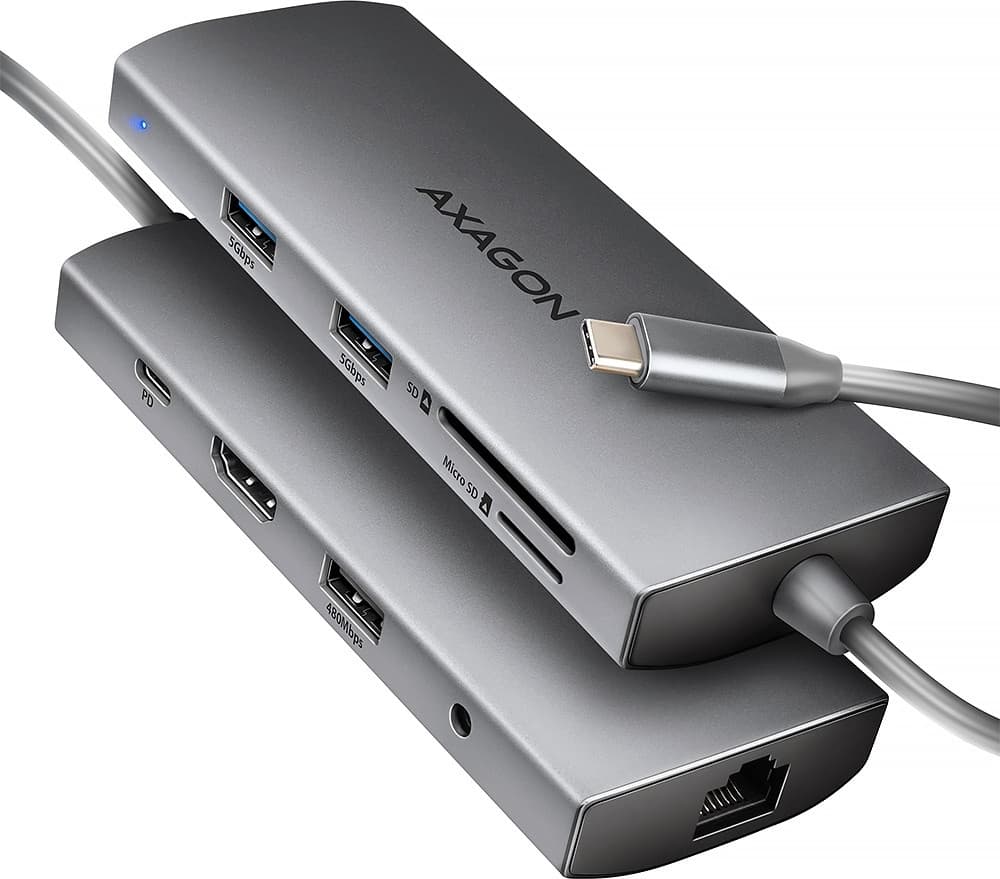 Докинг станция Axagon HMC-8HLSA, от USB-C към 1x USB-C(PD), 3x USB-A, 1x HDMI, 1x AUX, 1x RJ45, 1x SD/MicroSD четец, сива
