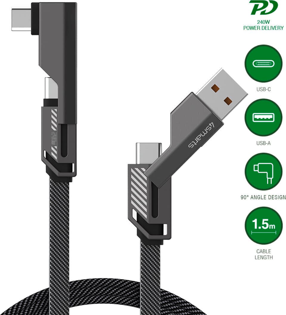 Качествен USB-C към USB-C кабел и USB-C към USB-C адаптер - 4smarts ComboCord Flat Right Angle USB-C to USB-C Adapter Cable 240W (тъмносив) (150 см)
