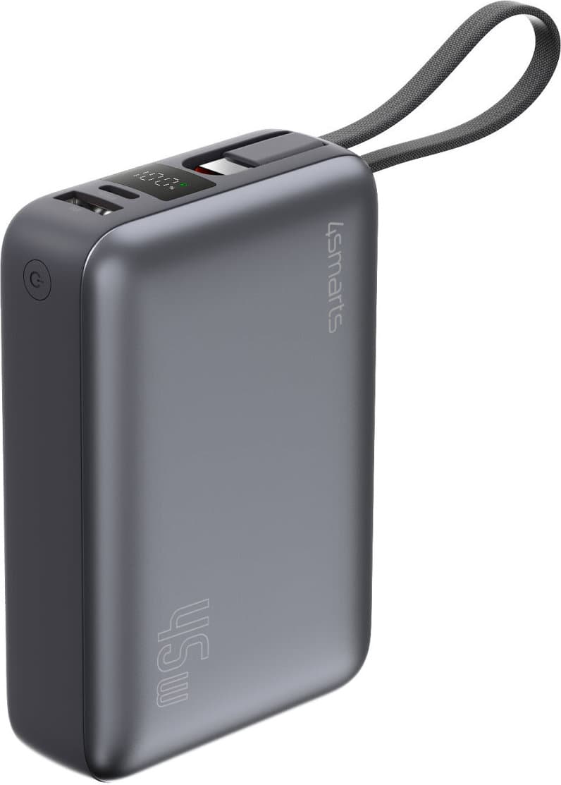 Външна батерия с USB-A и USB-C портове и вграден USB-C кабел - 4smarts Power Bank Enterprise Compact 20000 mAh 45W (тъмносив)