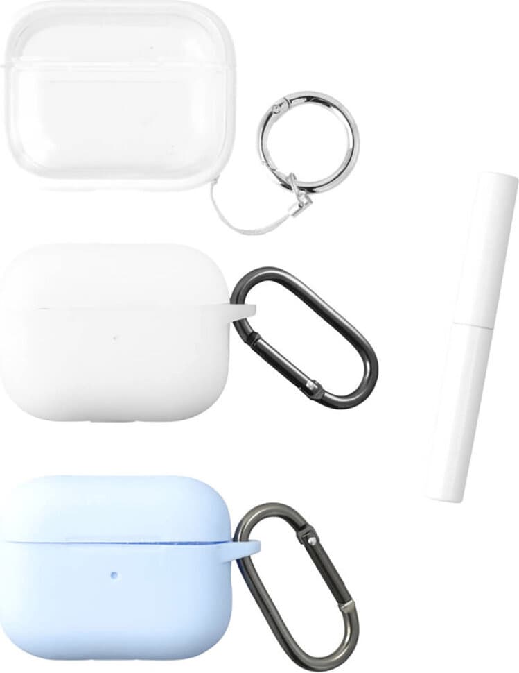 Комплект калъфи с карабинер и ключодържател за Apple AirPods Pro 2, AirPods Pro - 4smarts Omega AirPods Pro Case Set (прозрачен, бял и светлосин)