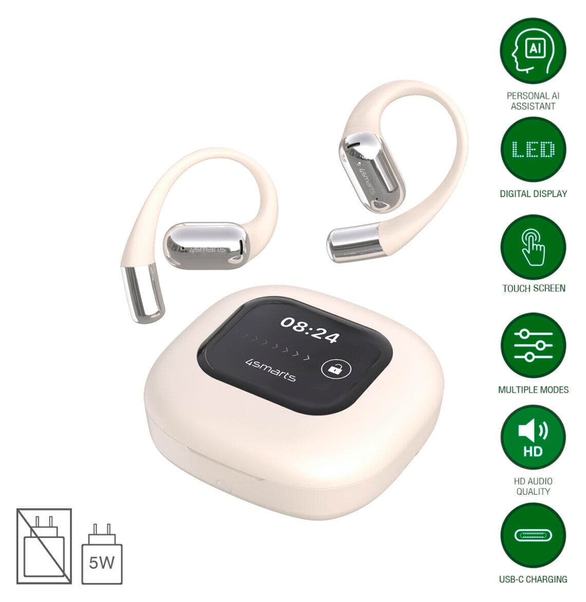 Спортни безжични блутут слушалки със зареждащ кейс - 4smarts SkyBuds AI Screen Open-Air Conduction TWS Bluetooth Earphones (бежов)
