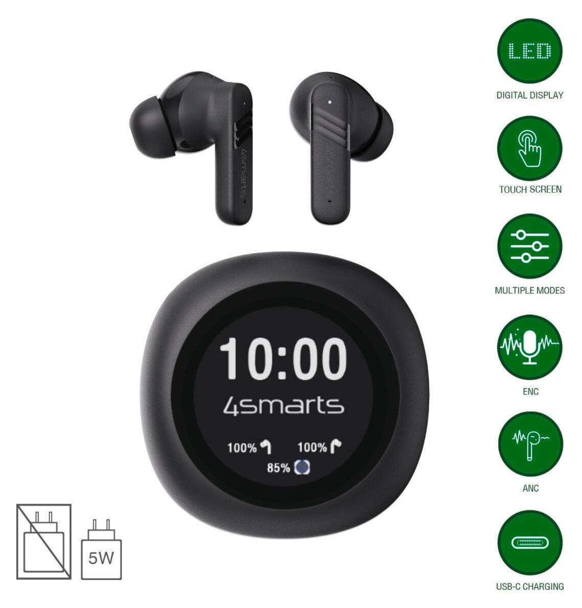 Безжични блутут слушалки със зареждащ кейс - 4smarts SkyBuds Screen Pro ANC TWS In-Ear Bluetooth Earphones (черен)